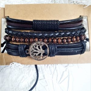 Bracelets tressés en cuir (perles en bois, style ethnique)